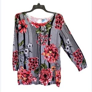 3/$45 Joseph A. Top Stripes and floral print pullover w keyhole detail casual L